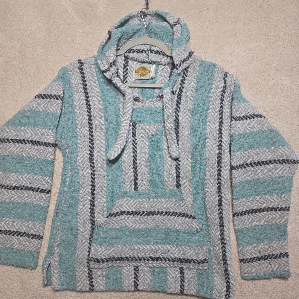 Earth Ragz Baja Hoodie Mens Medium Teal Grey Striped Woven Pullover Mexican Rug